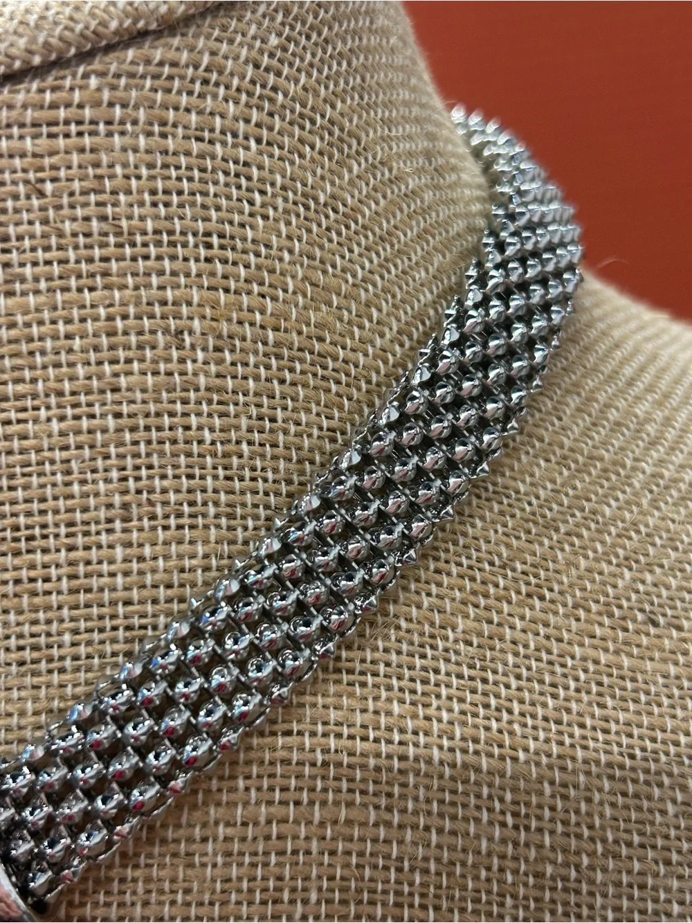DSMK stainless steel silky mesh with rhinestone magnetic clasp necklace and brac
